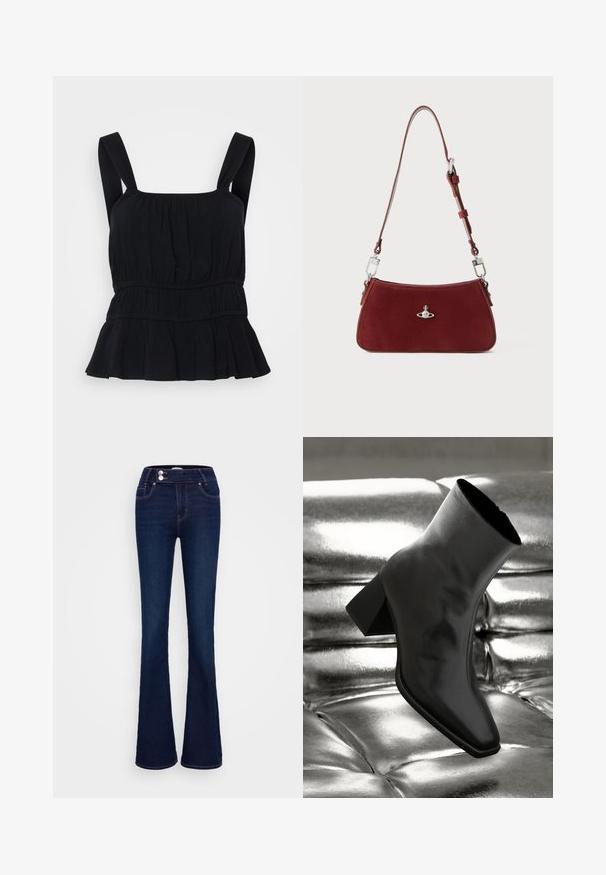 Top nera senza maniche con spalline larghe, texture arricciata, vita elastica e orlo peplum svasato. Realizzato in tessuto morbido e elasticizzato.; Jeans a palazzo blu scuro con vita alta, due tasche frontali e due chiusure a bottone. Realizzati in denim con una texture liscia.; Stivale alla caviglia nero realizzato in materiale lucido con punta quadrata e tacco affusolato, posizionato su uno sfondo argentato lucido con imbottiture a sfera.; Borsa a spalla in suede rosso con forma curva. Presenta un accento in tonalità argento e una tracolla regolabile con dettagli in metallo. Texture liscia.