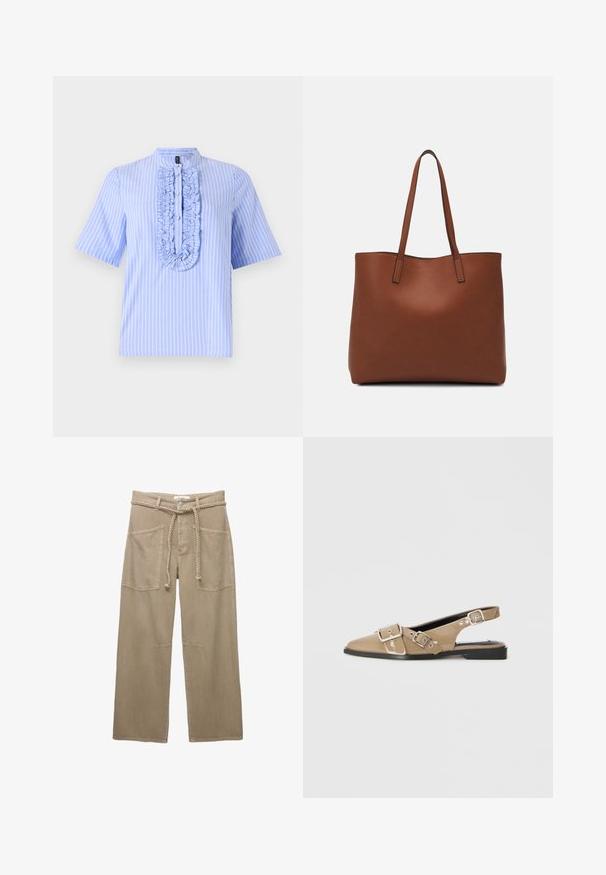 Világoskék, rövid ujjú ing, függőleges fehér csíkokkal, fodros gallérral és mandarin nyakkal. Puha szövettextúra.; Beige, széles szárú nadrág tartós anyagból, nagy elülső zsebekkel, fonott övvel és finom varrási részletekkel.; Beige színű, fényes anyagú slingback cipők, hegyes orral, két állítható csattal és alacsony fekete sarokkal. Simára polírozott felület.; Barna bőr vászontáska sima textúrával, nyitott tetejű dizájnnal és két vállpánttal. Minimális varrással és látható hardver nélkül készült.