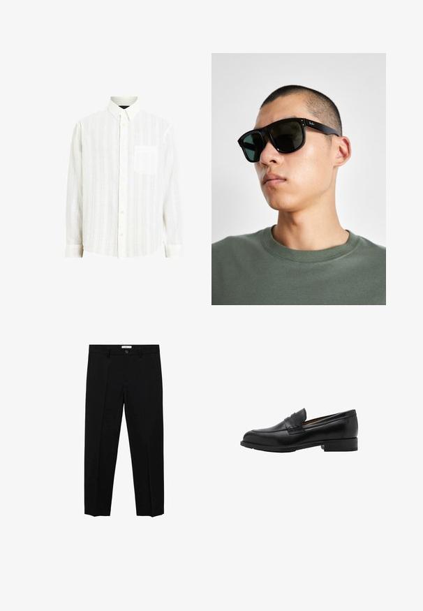 Camicia bianca con bottoni, caratterizzata da un motivo a righe testurizzato, maniche lunghe e taschino sul petto; presenta un colletto classico e chiusura con bottoni.; Pantaloni neri su misura con taglio dritto, dotati di chiusura con un solo bottone, passanti per la cintura e pieghe frontali. Realizzati in un tessuto liscio.; Mocassini in pelle nera con punta cucita e tacco piatto. Texture liscia con punta arrotondata e una fascia decorativa sopra il collo del piede.; Occhiali da sole rettangolari neri con lenti scure, caratterizzati da una forma distintiva e un marchio sulla parte tempiale. Indossati da una persona con una maglietta verde.