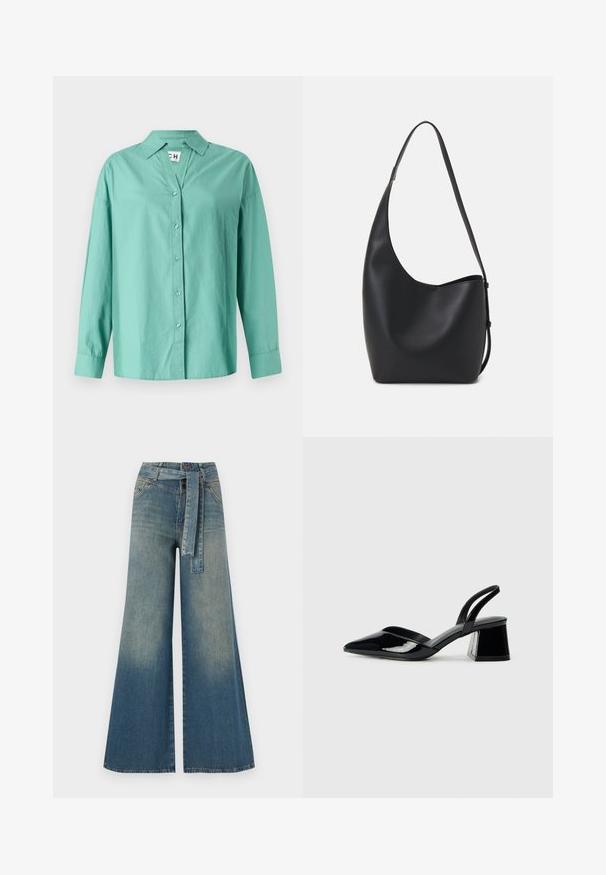 Lysegrønn skjorte med knapper laget av bomull, med krage, lange ermer og rett nederkant med en avslappet passform.; Bredde ben jeans med en lyseblå til mørkeblå gradient, høyt liv, beltehemper og et matchende belte i samme stoff. Teksturert denimoverflate.; Svarte patentlær slingback hæler med spiss tå og geometrisk blokk hæl. Har et stilrent, minimalistisk design og jevn tekstur.; Svart lær hobo-veske med glatt tekstur, buet form og enkelt justerbart stropp; har en bred åpning på toppen.