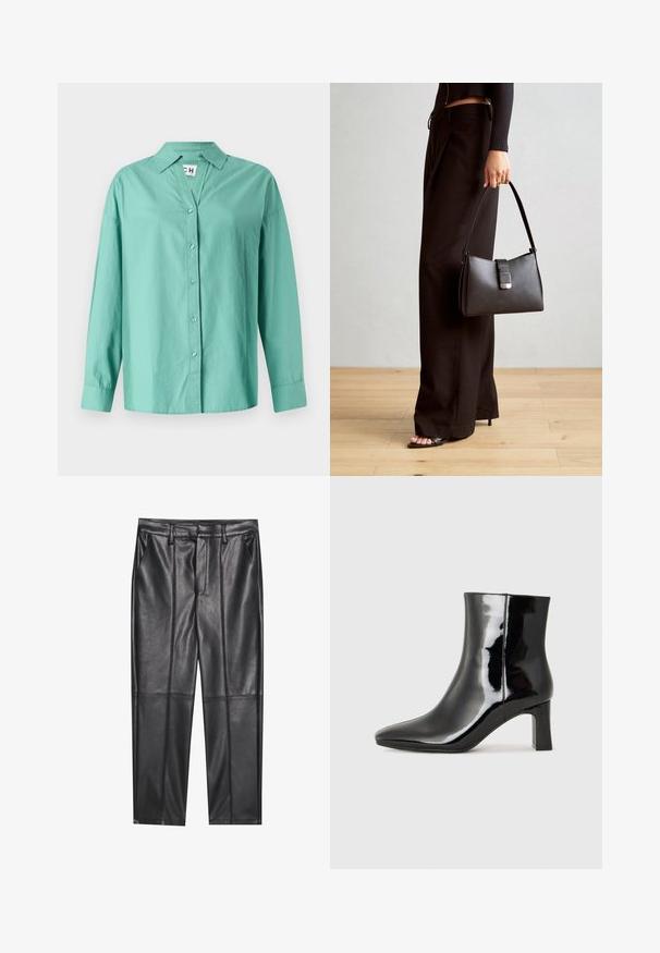Camisa de botão verde-claro, feita de algodão, com colarinho, mangas longas e bainha reta, com um corte descontraído.; Calças de pele preta com uma textura suave, apresentando um ajuste reto, dois bolsos frontais e detalhes de costura visíveis.; Botim de tornozelo em pele sintética preta com bico apontado e salto bloco de altura média. Textura suave e design minimalista.; Bolsa preta com forma estruturada, textura suave e um fecho metálico. Combinada com calças largas pretas e sandálias de salto aberto sobre um chão de madeira.