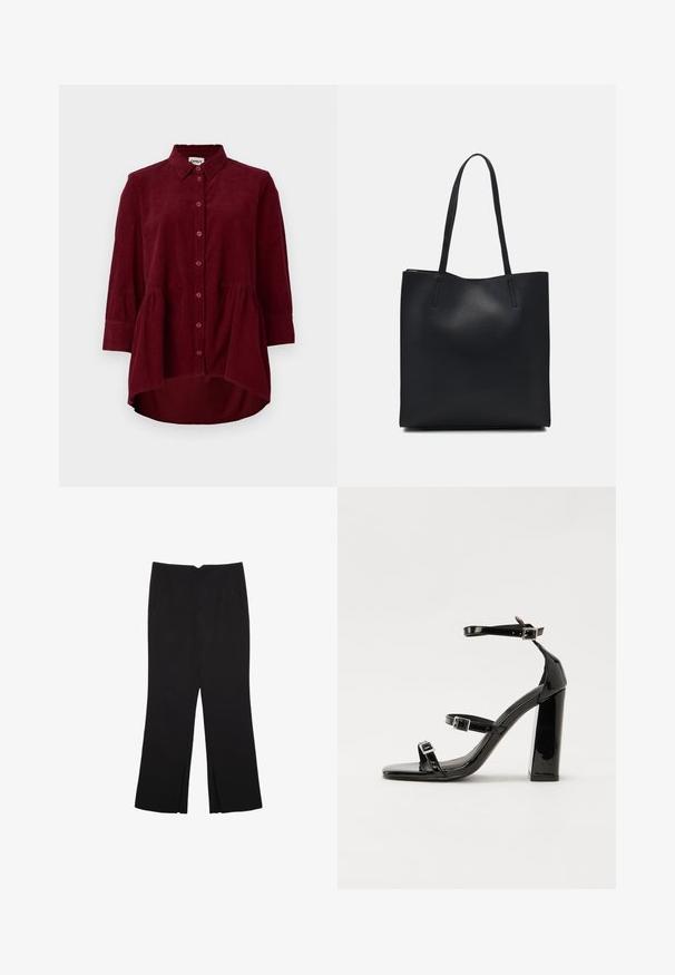 Burgundy kordflorskjorta med klassisk krage, knappstängning och trekvartsärmar; har en peplumkant och texturerat tyg.; Svarta byxor med rak passform, utrustade med framfickor och sidoklyvningar vid fållen. Tillverkade av mjukt, slätt tyg. Lämpliga för olika tillfällen.; Svarta lackerade klacksandaler med fyrkantig tå, ankelremmar och silverfärgade spännen. Har en kraftig blockklack för stabilitet.; Svart lädertoffelväska med slät textur, rektangulär form och två långa handtag. Ingen synlig hårdvara eller dekorationer.