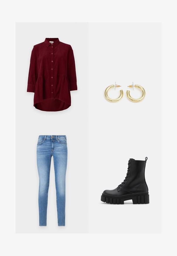 Cămașă burgundă din catifea cu un guler clasic, închidere cu nasturi și mâneci trei sferturi; are un tiv peplum și un material texturat.; Jeansi din denim de culoare albastră deschisă, cu croială slim-fit, talie medie, închidere cu nasture frontal și design cu cinci buzunare.; Botine negre din piele cu talpă masivă și zimțată, cu sistem de șireturi și cârlig pentru tragere, pe fundal alb. ; Cercei cercuri din aur cu un finisaj neted și strălucitor. Design circular cu un mic suport și un spate transparent pentru o purtare sigură.