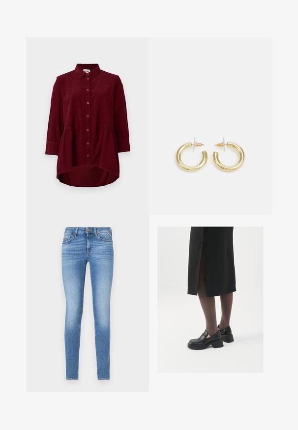Bordo kordura košulja s klasičnim ovratnikom, dugmadi sprijeda i rukavima do tri četvrtine; ima peplum rub i teksturirani materijal.; Uske slim-fit svijetloplave teksas traperice s srednjim strukom, prednjim gumbom i dizajnom s pet džepova.; Crne kožne cipele s zaobljenim vrhom, debelim blok petama i elastičnim bočnim detaljima, uparene s tamnim čarapama i crnom suknjom s prorezom.; Zlatne kružne naušnice s glatkom, sjajnom završnom obradom. Kružni dizajn s malom potporom i prozirnom podlogom za sigurno nošenje.