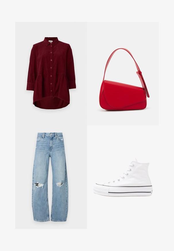 Bordeaux kordfløjls skjorte med klassisk krave, knaplukning foran og trekvartærmer; har en peplum kant og tekstureret stof.; Lysblå, højtraljede jeans lavet af denim. Har brede ben, to huller ved knæene og klassisk fem-lommes stil.; Hvide høje kanvas sneakers med sort gummisål, gummitåhætte foran og seks øjehuller til snørebånd, der har et rent, minimalistisk design.; Rød læderhåndtaske med et kantet, geometrisk design. Har en enkelt justerbar rem og en klaplukning med syede detaljer.