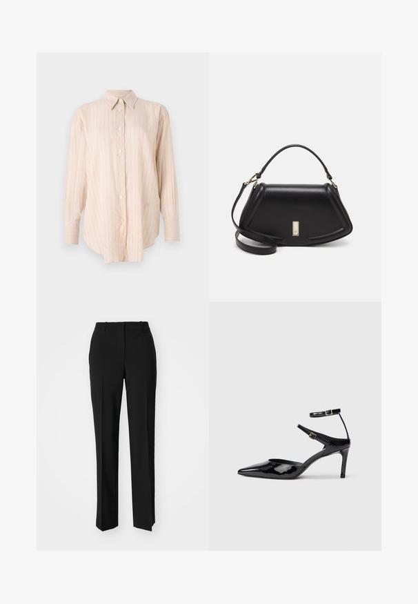Světle béžová košile na knoflíky s dlouhými rukávy, s tenkými vertikálními pruhy a klasickým límečkem. Vyrobena z hladké, jemné látky.; Černé kalhoty na míru se střihem do rovna, které mají hladkou texturu a ostré sklady na přední straně. Bez viditelného kování.; Černé lakované kožené lodičky s špičatou špičkou, nastavitelnými nártními pásky a štíhlým podpatkem. Hladký povrch s lesklým povrchem.; Černá kožená kabelka se strukturovaným designem, jejíž tvar je zkrácený, má horní rukojeť a zlaté kovové detaily. Součástí je i nastavitelný ramenní popruh.
