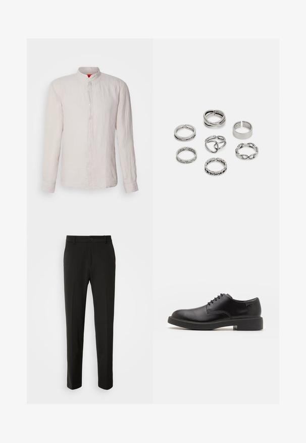 HUGO ELVORY - Košile - light/pastel grey; Černé kalhoty vyrobené z hladkého materiálu, s rovnými nohavicemi, zapínáním na knoflík a klasickým designem vhodným pro formální i neformální nošení.; Černé kožené šněrovací boty s kulatou špičkou, hladkým povrchem, minimálním prošíváním a nízkým gumovým podpatkem. Logo na patě.; Sada sedmi stříbrných prstenů s různými vzory, včetně zamotaných, propletených a rytých motivů. Různé tvary a šířky.