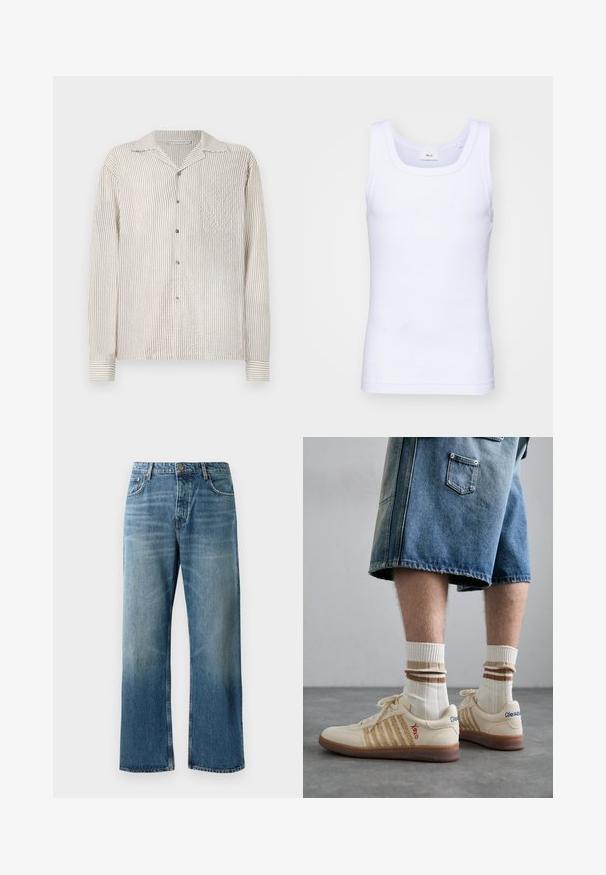 Srajca z dolgimi rokavi in gumbi, svetlo kremne in bež navpične črte. Narejena iz teksturirane tkanine, s klasičnim ovratnikom in žepom na prsih.; Bela bombažna brezrokavna majica s krošnjo, ki ima gladko teksturo in prilegajočo obliko, zasnovana za sproščeno nošenje.; Svijetloplave široke traperice s izbljeđenim pranjem, koje imaju zatvaranje na jedan gumb, pet džepova i kontrastnu šav.; Bežne retro teniske z rjavim gumijastim podplatom, ki imajo črtaste detajle in izvezene logotipe. Oblečene so z belimi nogavicami in črtastim rjavim detajlom.