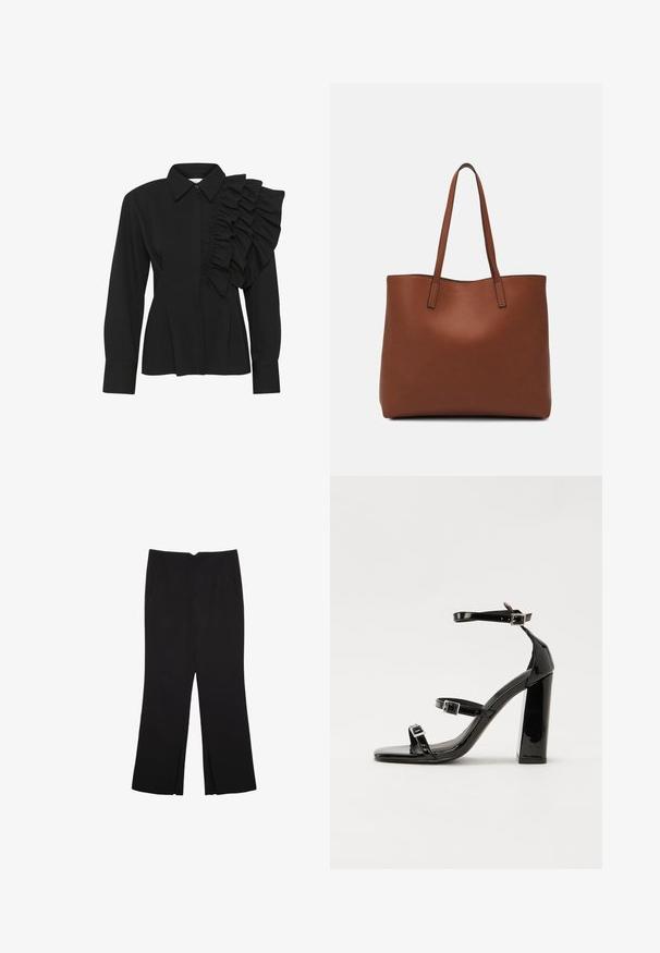 Mustat pusero, jossa on jämäkkä kaulus, pitkät hihat ja rypytetty yksityiskohta oikeassa olkapäässä. Valmistettu sileästä kankaasta, joka istuu hyvin.; Mustat housut suoralinjaisella leikkauksella, joissa on etutaskut ja sivurei'ät helman alla. Valmistettu pehmeästä ja sileästä kankaasta. Sopii eri tilaisuuksiin.; Musta kiiltävä korkokenkä sandaalit neliönmuotoisella varpaalla, nilkkaremmillä ja hopeisilla soljilla. Varustettu tukevalla lohkokorkealla vakauden takaamiseksi.; Ruskea nahkainen olkalaukku, jossa on sileä pinta, avoin yläosa ja kaksi olkahihnaa. Omaavat vain minimaalisen ompelun eikä näkyvää metalliosaa.