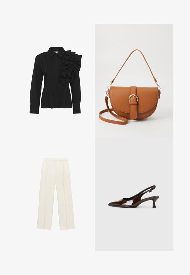 Blusa nera con colletto strutturato, maniche lunghe e dettaglio arricciato sulla spalla destra. Realizzata in tessuto morbido con una vestibilità sartoriale.; Pantaloni a gamba larga di un leggero colore crema. Realizzati in un tessuto morbido con pieghe sul davanti e tasche laterali.; Scarpa slingback in pelle verniciata marrone con punta affusolata e tacco moderato. Presenta una fascia con fibbia per una calzata sicura. Tessuto liscio.; Borsa a tracolla in pelle marrone con forma curvata, hardware dorato e un dettaglio con fibbia. Presenta una tracolla rimovibile.