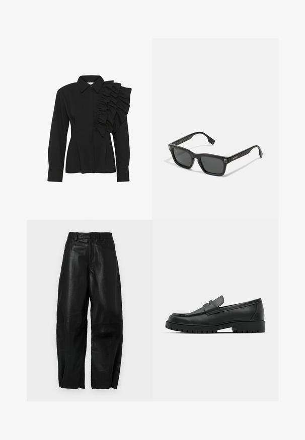 Zwarte blouse met een gestructureerde kraag, lange mouwen en een ruchedetail op de rechter schouder. Gemaakt van een zachte stof met een getailleerde pasvorm.; Zwarte leren broek met een ruime pasvorm, voorzien van een rechte pijpdesign, voorzakken en zichtbare stikdetails.; Zwarte leren instappers met een ronde neus, voorzien van een gestikt ontwerp, een lage platformzool en een gestructureerde, grof rubberen buitenzool.; Zwarte zonnebril met een rechthoekig frame, matte afwerking, donkere lenzen en drie horizontale strepen op elke poot. Minimalistisch ontwerp.