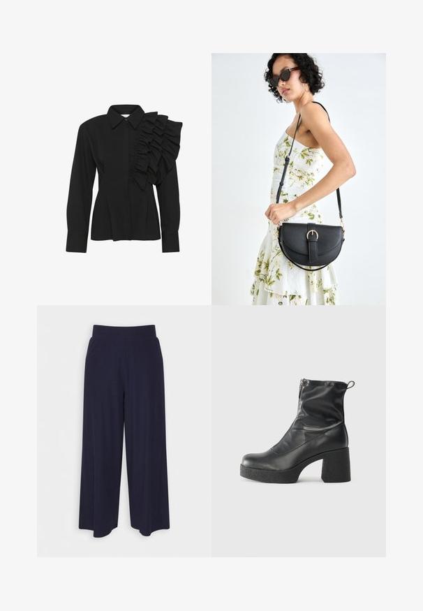 Bluză neagră cu un guler structurat, mâneci lungi și un detaliu cu volane pe umărul drept. Realizată dintr-un material neted cu o croială ajustată.; Pantaloni cu croi larg din țesătură de culoare bleumarin închis, cu un model texturat. Prezintă un brâu neted și o siluetă fluidă, ajungând până la jumătatea gambei.; Bocanci negri de glezna din piele netedă, cu fermoar lateral, toc texturat și masiv, și design cu vârf rotund.; Geantă din piele neagră, cu o formă curbată, curea detașabilă și accesorii aurii. Geanta are un capac cu un detaliu tip cataramă.