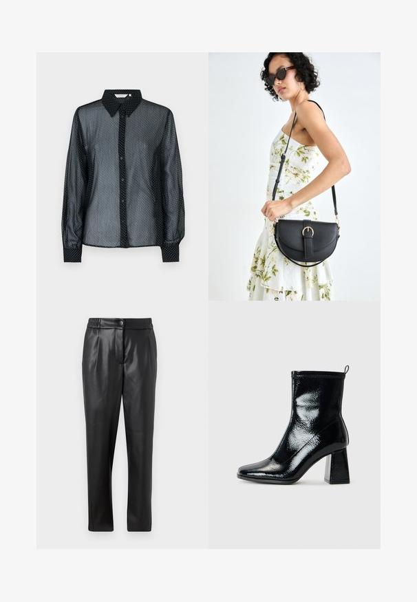 Black sheer blouse with polka dot pattern, classic collar, button-down front, and long sleeves. Features cuffed wrists and a slightly structured shape.; Black leather pants with a smooth texture, straight fit, elastic waistband, and a front button closure; pleated detailing and tapered legs.; Black patent ankle boot with a square toe and chunky geometric heel. Features a smooth, shiny texture and a rear pull tab for easy wear.; Black leather handbag with a curved shape, detachable strap, and gold hardware. The bag features a flap with a buckle detail.