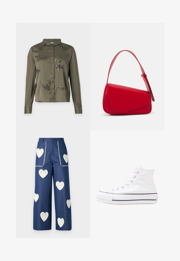 Satin olīvzaļš blūze ar apkakli, garām piedurknēm un priekšējiem pogām; satur melnas ziedu dekorācijas ar pērļu izšuvumiem.; Sister Jane HEART TO HEART - Džinsi ar taisnām starām - blue denim; Balti augstie kanvas sporta apavi ar melnu gumijas zoli, priekšējo gumijas purngalu un sešām acīm lencēm, kuriem ir tīrs, minimālistisks dizains.; Sarkans ādas rokassomi ar stūrainu, ģeometrisku dizainu. Iekļauj vienu regulējamu siksnu un vāku ar izšūtu detaļu.