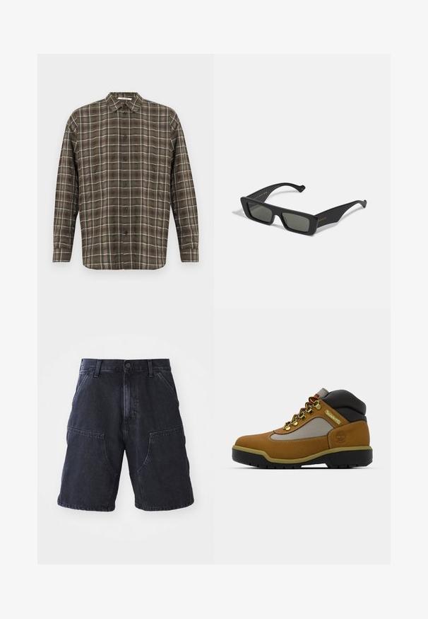 Brūna un bēša pārbaudīta garām piedurknēm krekls ar izplatītu apkakli, priekšējām pogām un vienu pogu piedurkņu galiem. Viegls audums ar nelielu spīdumu.; Tumši džinsu šorti ar taisnu piegriezumu, lielām priekšējām kabatām un pogu aizdari; gluda tekstūra un minimāli šuvju detaļas.; Kraftīgs brūns pārgājienu zābaks ar pelēkiem un melniem akcentiem, teksturēta ādas virsma, metāla acs un izturīga gumijas zole labākai saķerei.; Melnas taisnstūra saulesbrilles ar tumšiem stikliem, izgatavotas no gludas plastmasas. Satur zelta burtnīcas uz sāniem, plānas rokturi un mūsdienīgu dizainu.