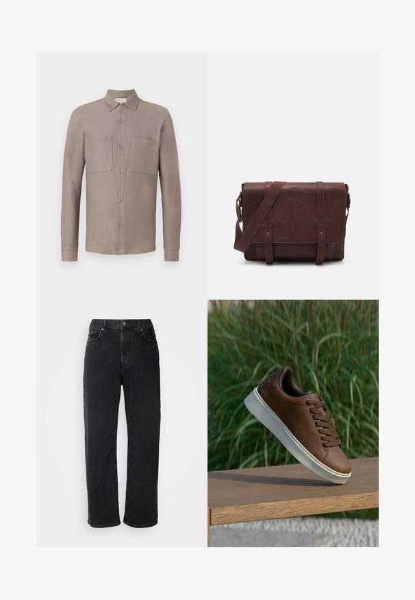 Hellbraunes, knöpfbares Hemd mit Kragen, zwei Brusttaschen und langen Ärmeln aus einem glatten, strukturierten Stoff.; Schwarze Jeans aus Denim mit geradem Schnitt, fünf Taschen und kontrastierenden Nähten. Verfügt über einen Knopfverschluss und Gürtelschlaufen am Taillenbund.; Braune Ledersneaker mit weißer Gummisohle, runder Zehenform und braunen Schnürsenkeln. Strukturierte Grip-Oberfläche auf der Sohle und glatte Verarbeitung im oberen Bereich.; Braune Leder-Umhängetasche mit einer flachen Vorderklappe, zwei Riemen, goldenen Hardware-Akzenten und einem verstellbaren Schultergurt.