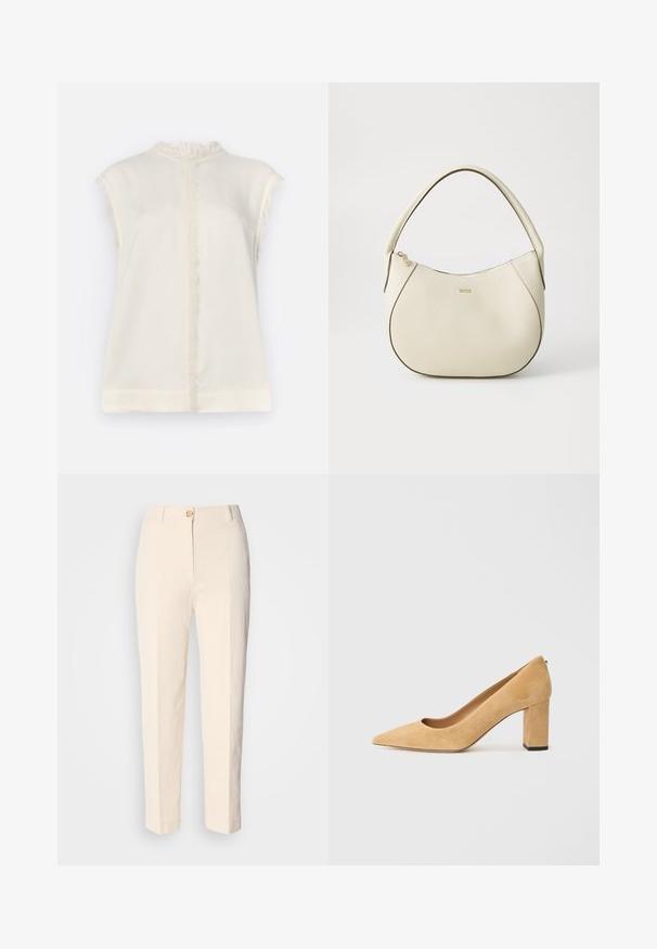 Krems krāsas bez piedurknēm tops ar teksturētu volānu apkakli un frizētiem akcentiem plecu un centrālās šuves vietās. Mīksts, viegls audums.; Krēma krāsas augstākā jostas līmeņa bikses, izgatavotas no teksturēta auduma. Tām ir aizdare priekšā ar pogu un sašaurināti kājām.; Bežīgas zamšādas augstpapēžu kurpes ar smailu purngali un masīvu bloku papēdi. Materiāls ir ar mīkstu tekstūru un gludu apdari.; Krēmkrāsas rokassoma ar teksturētu virsmu, izliekta forma, īss rokturis un zelta tonī logo detaļa. Vāciņš ar rāvējslēdzēju augšpusē.
