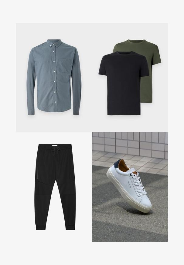 Kreklu pārvalka ar slānekļa zilās krāsas, garām piedurknēm, klasisku apkakli, vienu krūšu kabatu un baltām pogām ar gludu auduma tekstūru.; Divi apģērbi ar apaļu kakla izgriezumu - melns un olīvzaļš, izgatavoti no mīksta kokvilnas auduma. Dizains ir vienkāršs, ar īsām piedurknēm un taisnu griezumu.; Melnas sporta bikses, izgatavotas no teksturēta auduma, ar regulējamu jostu, ar rāvējslēdzēju sānu kabatu un sašaurinātiem galiem.; Baltas ādas čības ar tumši zilu papēdi, apaļu purngalu un kontrastējošām brūnām detaļām. Aprīkotas ar plakanu auklu un struktūrētu gumijas zoli.