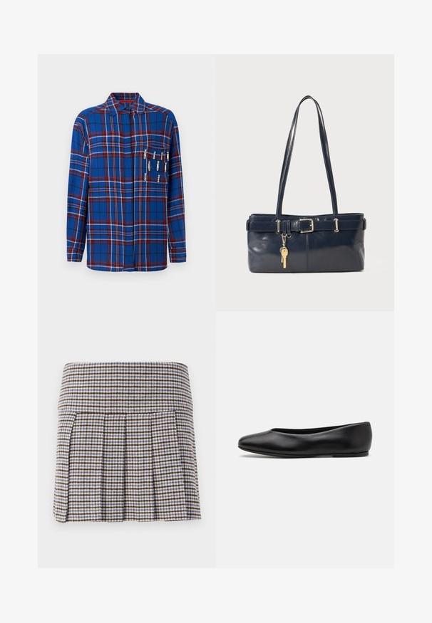 Chemise à manches longues à carreaux bleus avec des accents rouges et blancs, comprenant des épingles de sûreté décoratives sur la poche poitrine, avec un col.; Jupe plissée dans un motif écossais marron, beige et bleu. Fabriquée à partir d'un tissu texturé avec une taille ajustée et des plis décoratifs.; Paul Smith TOPANGA - Ballerines - black; Sac à main en cuir bleu marine avec deux longues poignées, un détail de boucle et un porte-clés accroché. Il présente une texture lisse et une forme rectangulaire.
