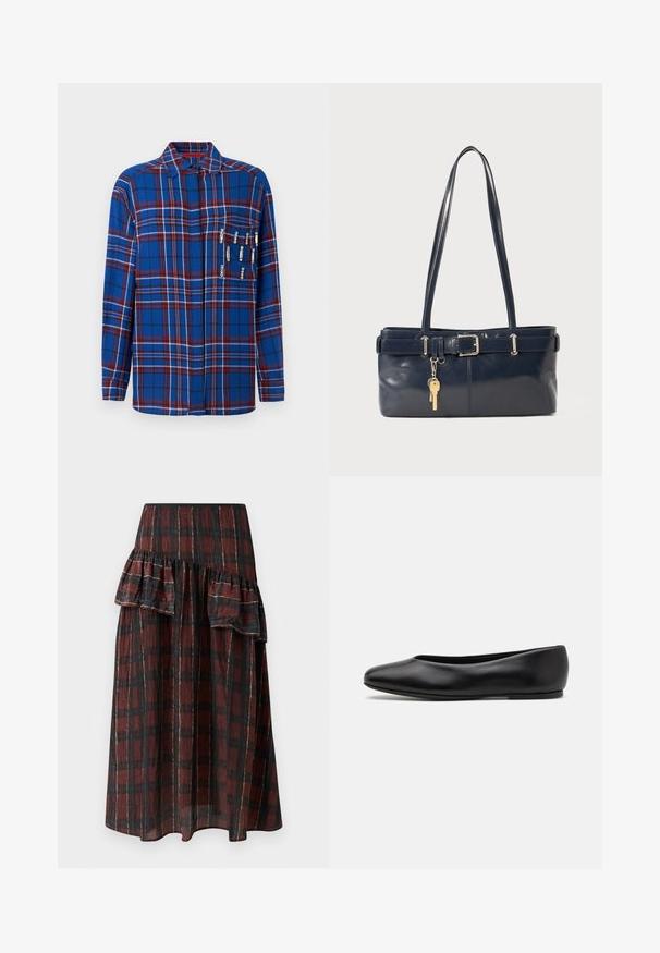 Blauwe geruite long-sleeve shirt met rode en witte accenten, inclusief decoratieve veiligheidsspeldjes op de borstzak, met een collared ontwerp.; Maxi rok in donkerrood en zwart geruit patroon, met gelaagde ruffles bij de taille, gemaakt van lichtgewicht stof met een zachte textuur.; Paul Smith TOPANGA - Ballerina's - black; Marine leren handtas met twee lange hengsels, een gespdetail en een sleutelhanger eraan bevestigd. Heeft een gladde textuur en een rechthoekige vorm.