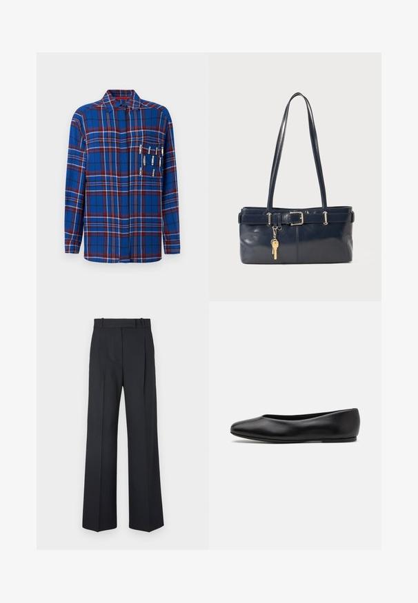 Blue plaid long-sleeve shirt with red and white accents, includes decorative safety pins on the chest pocket, featuring a collared design.; Dark blue pinstriped trousers with a high waist, wide leg design, and no visible hardware or embellishments. Smooth texture and tailored fit.; Paul Smith TOPANGA - Ballet pumps - black; Navy leather handbag with two long handles, a buckle detail, and a keychain attached. Features a smooth texture and a rectangular shape.