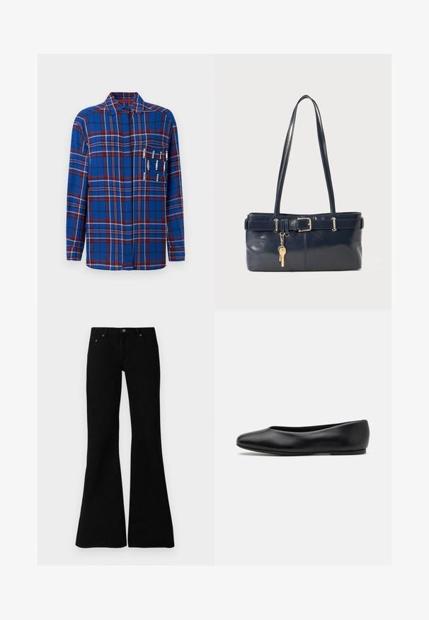 Blue plaid long-sleeve shirt with red and white accents, includes decorative safety pins on the chest pocket, featuring a collared design.; Black flared jeans made from denim, featuring a classic five-pocket design, button closure, and subtle stitching details along the seams.; Paul Smith TOPANGA - Ballet pumps - black; Navy leather handbag with two long handles, a buckle detail, and a keychain attached. Features a smooth texture and a rectangular shape.