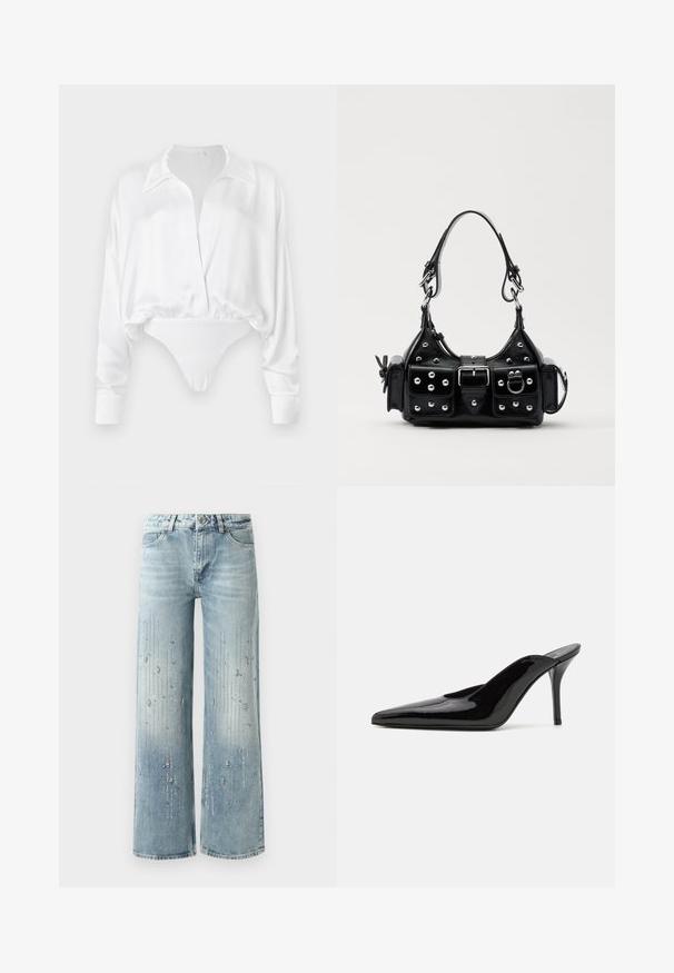 Valkoinen satiininen pitkähiha blouse, jossa on nappikiinnitys edessä, rento malli ja lyhyt muotoilu, joka yhdistyy body-malliseen alaosaan. Sileä pinta.; Vaaleansiniset väljät farkut, joissa on denimiä, gradientoiva väriefekti ja hopeisten strassikivien koristelu pystysuoralla kuviolla.; Mustat patentoidut korkeakorkoiset mulesandaalit, joissa on terävä kärki ja sulavalinjainen siluetti. Kenkäparissa on avonainen takaosa ja hoikka stiletto-korko.; Musta nahkainen käsilaukku, jossa on kaareva muotoilu, hopeiset niitit, solki ja kaksi sivutaskua. Säädettävä olkahihna erilaisiin kantovaihtoehtoihin.