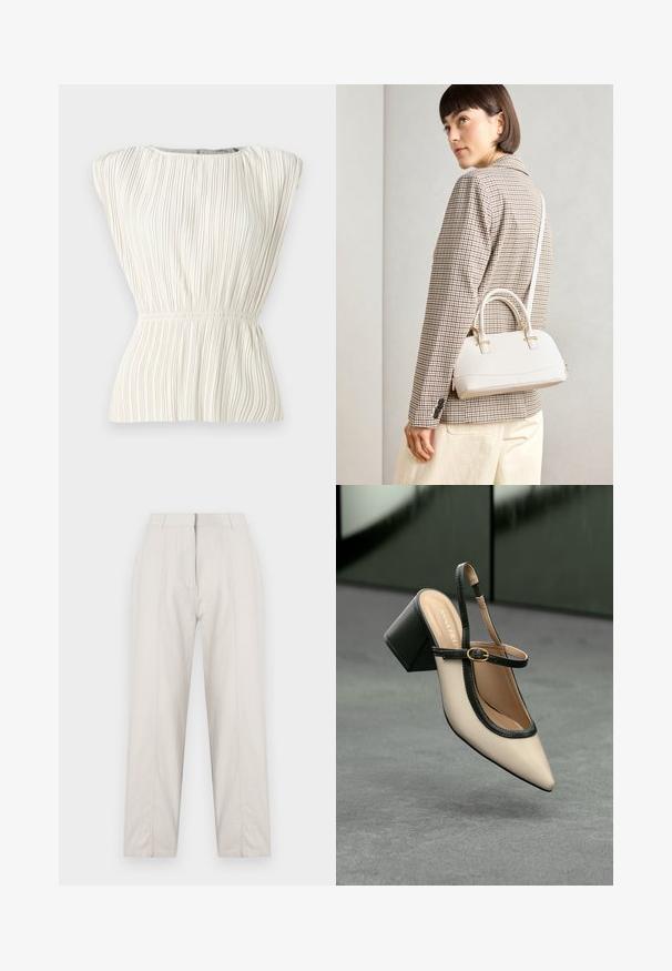 ICHI MIKALA - Top - almond milk; Cream-colored trousers with a straight-leg design, featuring front crease details, two side pockets, and a mid-rise waistband.; Beige pointed-toe slingback shoe with black trim, gold buckle, and a chunky block heel on gray floor with dark green background.; White structured handbag with short handles and a shoulder strap, featuring gold hardware accents and textured material, displayed against a grey background.