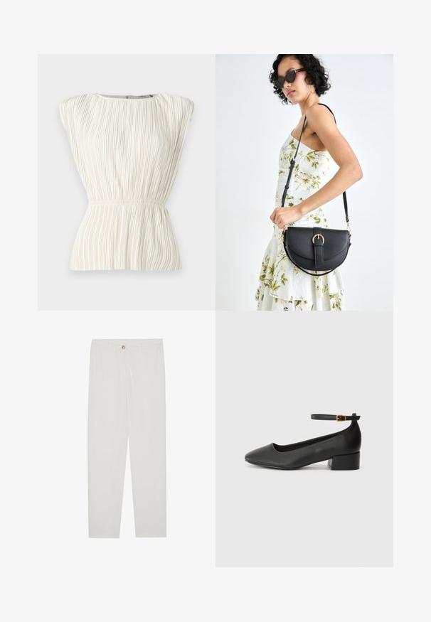 ICHI MIKALA - Top - almond milk; Calças brancas, ajustadas, com um design de perna reta, apresentando um fecho de botão, passantes para cinto e bolsos laterais; textura de tecido suave.; Sandal de pele preta com bico pontiagudo e um salto bloco baixo. Apresenta uma tira no tornozelo com uma fivela em tom dourado. Textura suave.; Bolsa de couro preta com forma curva, alça destacável e detalhes em dourado. A bolsa possui uma aba com detalhe de fivela.