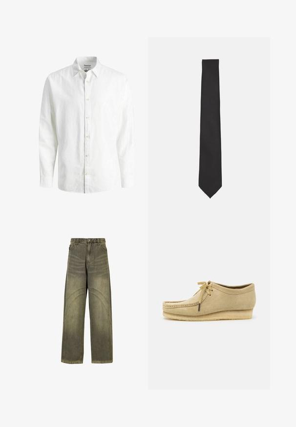 Camicia bianca a maniche lunghe in lino, con colletto button-down, bottoni frontali e vestibilità rilassata. È visibile una trama del tessuto.; Jeans a gamba larga in denim verde oliva, con dettagli di cuciture curve, chiusura con bottone classico e finitura scolorita.; Scarpa in suede beige con design a lacci, dettagli cuciti e suola in gomma. La forma è casual con un leggero tacco a cuneo.; Cravatta nera realizzata in tessuto liscio, caratterizzata da una forma slanciata e allungata con punta appuntita e senza motivi o accenti visibili.