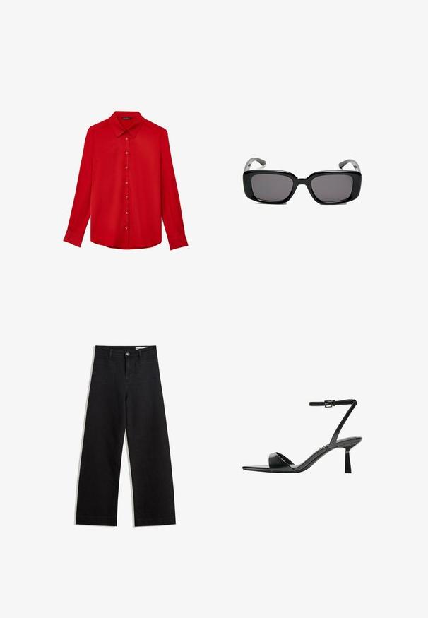 Camicia rossa a maniche lunghe con bottoni, dotata di colletto classico e realizzata in tessuto liscio. Presenta un davanti con abbottonatura e una silhouette attillata.; Pantaloni in denim neri a gamba larga con vita alta, dotati di tasche anteriori e posteriori, cuciture a punto, e chiusura con bottone. Texture liscia.; Bershka Sandali con tacco - black; Occhiali da sole neri rettangolari con lenti scure, montatura in plastica liscia e tempie curve. Il design è voluminoso con un'estetica minimalista.; Borsa sintetica bianca a forma triangolare, con patta anteriore piatta e dettaglio a fiocco, tracolla regolabile, texture liscia e design minimalista.
