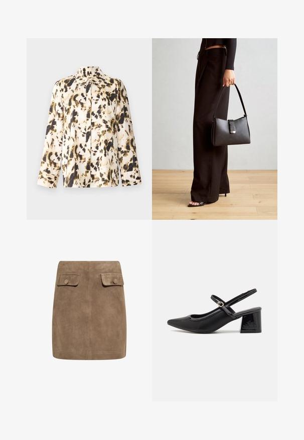 Ilgto piedurkņu blouse vieglā audumā, kurai ir bēšs pamats ar melniem un olīvu zaļiem abstraktiem plankumiem, ar pogu aizdari priekšpusē un norādītu apkakli.; Brūns zamšs mini svārki ar gludu tekstūru, ieguvuši divas priekšējās kabatas ar vāciņiem un pogu aizdare katrā pusē. Vienkāršs, taisns dizains.; Melns patentēts ādas sandales ar norādīta pirksta formu, noapaļotu izgriezuma dizainu un bloķētu papēdi. Iezīmēta ar zelta toņa sprādzi.; Melnā somiņa ar strukturētu formu, gludu tekstūru un metālu sprādzi. Saskaņota ar platām melnām biksēm un sandālēm ar atvērtu purngalu uz koka grīdas.