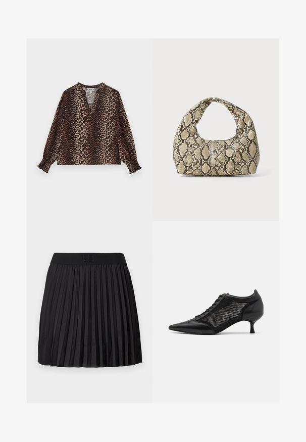 Leoparda raksta blūze ar V veida kakla izgriezumu, garām piedurknēm un elastīgiem aprocēm. Izgatavota no mīkstas, vieglas auduma brūnās un bēšās krāsās.; Melna plātnēta svārku ar gludu tekstūru, ar vienkrāsainu melnu jostas daļu un reljefu logotipa detaļu priekšpusē.; Melnas norādītas kurpes ar sietu paneļa dizainu, kurām ir zems papēdis un šnuces priekšpuse. Izgatavotas no ādas un sieta materiāla kombinācijas.; Čūsku raksta soma ar izliekto rokturi. Izgatavota no teksturētiem, bēšiem un brūniem materiāliem, ar izteiksmīgu dimanta rakstu.