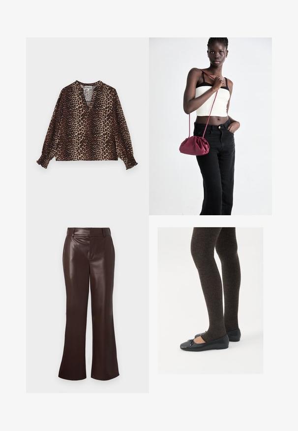 Bluză cu imprimeu leopard, cu decolteu în V, mâneci lungi și mansete elastice. Fabricată dintr-un material moale și ușor, în nuanțe de maro și bej.; Pantaloni evazați din piele ecologică maro, cu o textură netedă, având o talie cu curea și un fermoar la braguă. Linii curate și o siluetă elegantă.; Pantofi negri cu un detaliu mic de fundiță la vârf, asortați cu colanți maro închis, cu textură ondulată. Pantofii au o textură netedă și un profil joase.; Geantă dintr-un material moale de culoare burgundă, cu un design plisat și o curea lungă, purtată pe umăr. Modelul poartă un top alb scurt și blugi negri.
