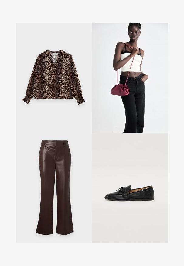 Bluză cu imprimeu leopard, cu decolteu în V, mâneci lungi și mansete elastice. Fabricată dintr-un material moale și ușor, în nuanțe de maro și bej.; Pantaloni evazați din piele ecologică maro, cu o textură netedă, având o talie cu curea și un fermoar la braguă. Linii curate și o siluetă elegantă.; Mocasini din piele neagră cu fundiță legată, având accente aurii sub formă de ochiuri pe laterale și o talpă plată din cauciuc. Textură netedă, design clasic.; Geantă dintr-un material moale de culoare burgundă, cu un design plisat și o curea lungă, purtată pe umăr. Modelul poartă un top alb scurt și blugi negri.
