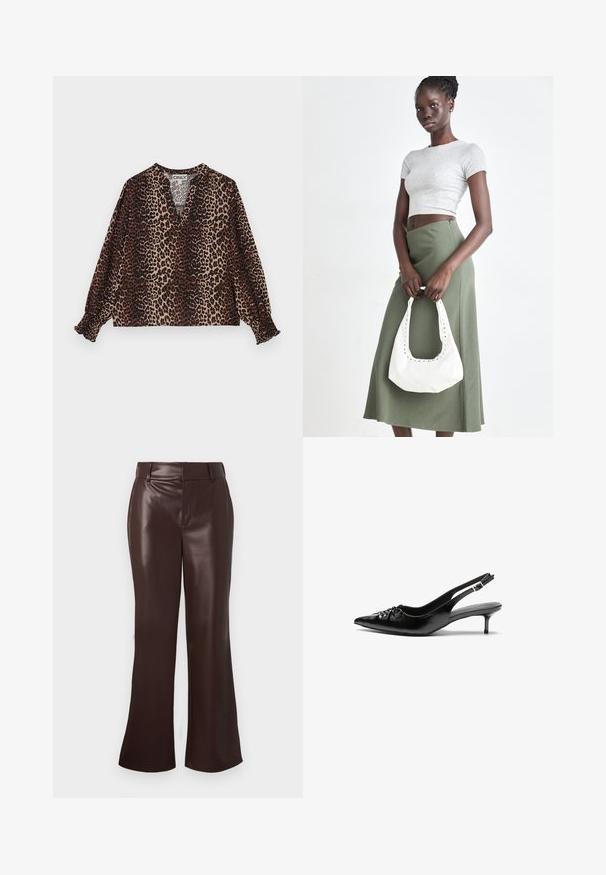 Bluse med leopardprint, V-udskæring, lange ærmer og elastiske manchetter. Fremstillet af et blødt, let stof i brune og beige nuancer.; Brune faux læder flared bukser med en glat tekstur, der har en bæltestrop i taljen og en lynlås foran. Rene linjer og en slank silhuet.; Sorte læderslippers med spidse tæer, lille kitten hæl og en dekorativ knude detalje foran. Glat tekstur hele vejen rundt.; Grå ribbet crop top og olivengrøn højhøjdet nederdel. Modellen holder en hvid skuldertaske med udskæringsdetaljer. Enkel design, tætsiddende silhuet.