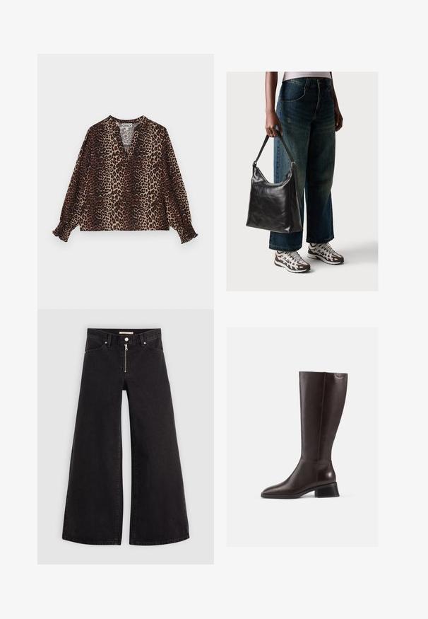 Leoparda raksta blūze ar V veida kakla izgriezumu, garām piedurknēm un elastīgiem aprocēm. Izgatavota no mīkstas, vieglas auduma brūnās un bēšās krāsās.; Platas kājas džinsi melnā džinsa audumā ar rāvējslēdzēju priekšā, piecu kabatu dizains un smalkas šuvju detaļas. Gluda tekstūra un ikdienišķs stils.; Ceļa augstuma brūni ādas zābaki ar gludu apdari, noapaļota purngala un melnu žurnālā. Vienkāršs dizains ar minimālām detaļām.; Melna ādas pleca soma ar gludu tekstūru un regulējamu siksnu, saskaņota ar izbalējušām platām biksēm un sportiskām kedām.