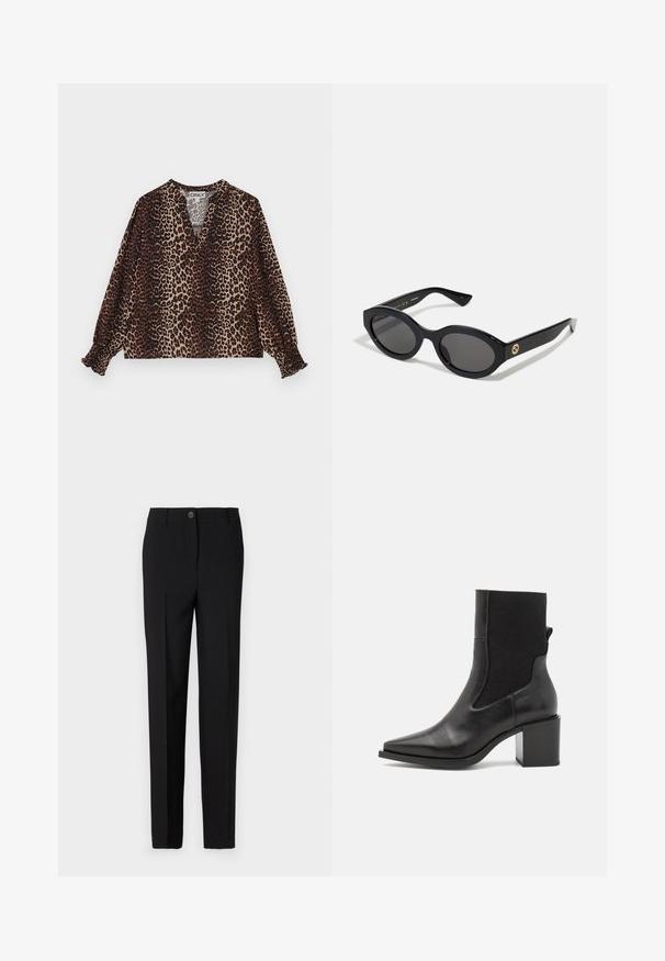 Bluse med leopardprint, V-udskæring, lange ærmer og elastiske manchetter. Fremstillet af et blødt, let stof i brune og beige nuancer.; Sorte skræddersyede bukser med lige ben-design, der har en knaplukning og bæltestropper, lavet af glat stof.; Sort ankelstøvle med spids tå, lavet af glat læder og elastisk stof. Har en blokhæl og minimalistisk design.; Sorte ovale solbriller med mørke linser og blank plastramme. Har et guldlogo på stykket, hvilket giver et slankt og moderne design.; Blå mønstret håndtaske lavet af stof, med en buet form, sort læderrem og logodesign i en lysere skygge.