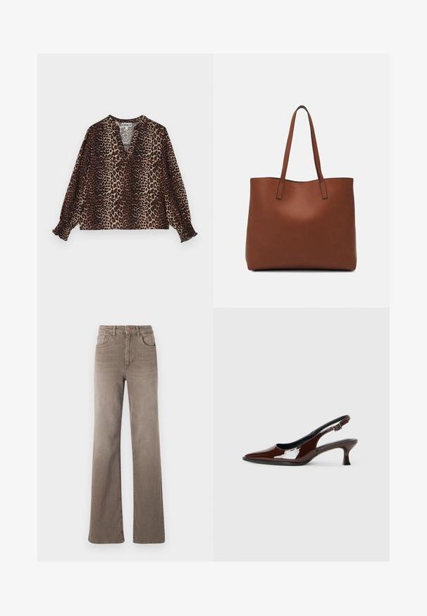Leopardų rašto palaidinė su V formos iškirpte, ilgomis rankovėmis ir elastingais rankogaliais. Pagaminta iš minkštos, lengvos medžiagos rudos ir smėlio spalvų atspalvių.; Rudos aukšto liemens tiesios kojos džinsai su priekyje esančiu mygtuku, dirželio kilpomis ir klasikiniu penkių kišenių dizainu baltoje fone.; Rudos lakuoti odiniai slingback batai su smailiu pirštu ir vidutinio aukščio kulnu. Yra sagties dirželis, užtikrinantis tvirtą prigludimą. Lygus paviršius.; Ruda odinė priekabų krepšys su glotnia tekstūra, atviru viršumi ir dviem petnešomis. Su minimalia siuvimo detalėmis ir nematoma aparatūra.