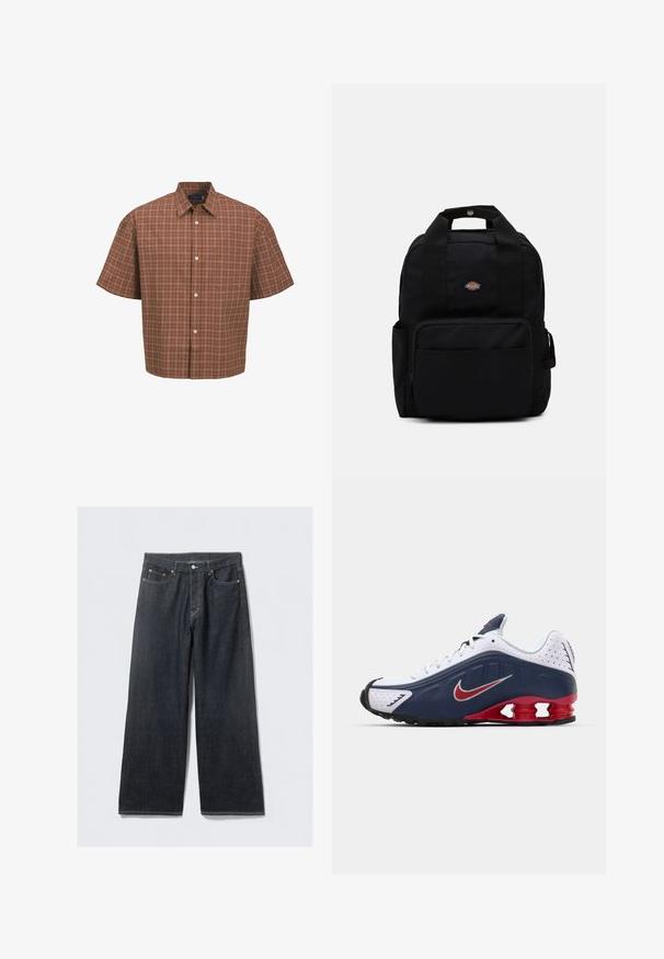 Īsām piedurkņu krekls brūnā rūtiņu rakstā ar baltiem un bēžiem akcentiem, piedāvājot apkakli, pogu priekšas aizdari un vienu krūšu kabatu.; Balta, garām piedurknēm T-krekls, izgatavots no kokvilnas. Uz krūtīm ir mazs, apaļš daudzkrāsains logo. Vienkāršs dizains ar ribotām piedurknēm.; Tumši džinsu platmalu bikses ar augsto jostasvietu, ar vara tonī krāsu kniedēm un kontrastējošu šuvumu, gluda tekstūra un bez redzamām rakstu apdrukām.; Baltā un tumši zilā sporta apava ar sarkanu akcentu, ar sietu paneļiem, mīkstu apkakli un izteiksmīgu zoles dizainu, kam ir redzamas amortizācijas vienības.; Melna mugursoma, izgatavota no izturīgas auduma, ar divām plecu siksnām, augšējo rokturi un priekšējo kabatu ar rāvējslēdzēju. Logo uz priekšpuses.