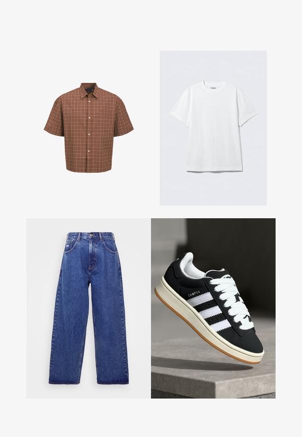 Kurzarmhemd im braunen Karomuster mit weißen und beigen Akzenten, ausgestattet mit einem Kragen, Knopfleiste und einer einzigen Brusttasche.; Weißes T-Shirt mit kurzen Ärmeln aus weicher Baumwolle. Es hat einen Rundhalsausschnitt und eine lockere Passform, mit einer glatten Textur und einem klaren, schlichten Design.; Weite, blaue Denim-Jeans mit hoher Taille, die fünf Taschen, einen Knopfverschluss und dezente Ausbleichungen für Textur aufweisen.; Schwarzer Sneaker mit weißen Streifen, Schnürdesign, strukturiertem Obermaterial und Gummisohle. Verfügt über das "CAMPUS"-Logo an der Seite und eine Gummilaufsohle.