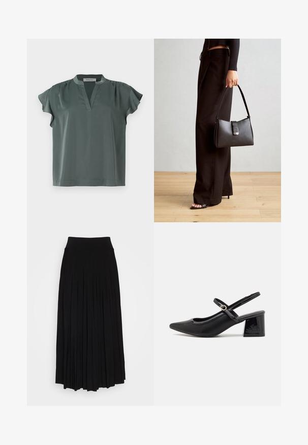 Bluză cu mânecă scurtă, de culoare verde măsliniu, realizată dintr-un material neted, cu decolteu în V și detalii plissate pe umeri. Croiala este lejeră, cu o tivire dreaptă.; Fustă plisată neagră cu un talie înaltă, elastică. Fabricată dintr-un material moale, prezintă plisuri verticale pentru o siluetă fluidă.; Cizme cu toc slingback din piele sintetică lacuită neagră, cu vârful ascuțit, un design cu decupaj rotunjit și toc bloc. Include un accent cu cataramă de culoare aurie.; Genți negre cu o formă structurată, textură netedă și un închizător metalic. Asortată cu pantaloni negri largi și sandale cu vârf deschis pe un podea din lemn.