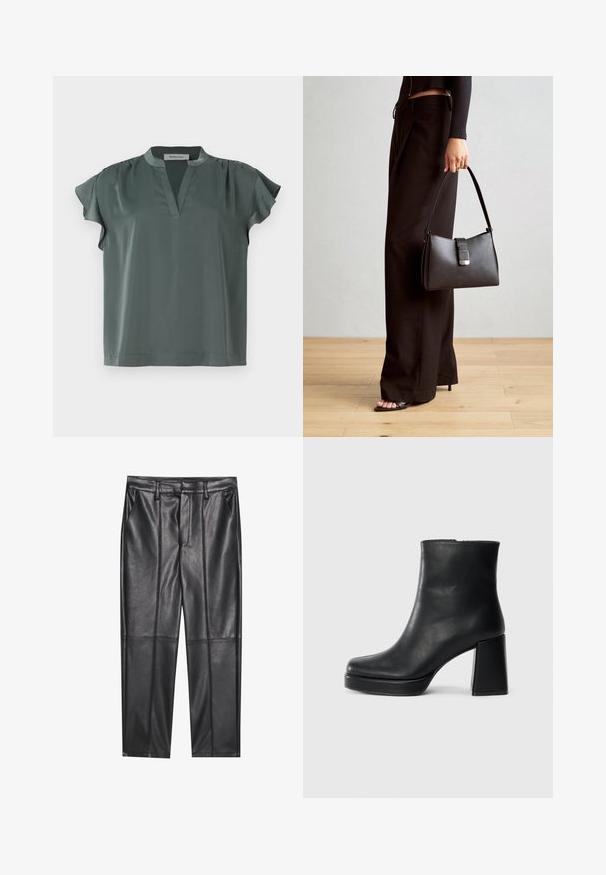Īsām piedurknēm, olīvu zaļš blūze, kas izgatavota no gludas auduma ar V-veida kakla izgriezumu un plisētām plecu detaļām. Brīva piegriezuma ar taisnu apakšmalu.; Melni ādas bikses ar gludu tekstūru, taisnas piegriezuma, divi priekšējie kabatas un redzami šuvju izstrādājumi.; Melna ādas potīšu zābaku ar bloku papēdi un platformas zoli, skatīts no sāna uz vienkārša balta fona.; Melnā somiņa ar strukturētu formu, gludu tekstūru un metālu sprādzi. Saskaņota ar platām melnām biksēm un sandālēm ar atvērtu purngalu uz koka grīdas.