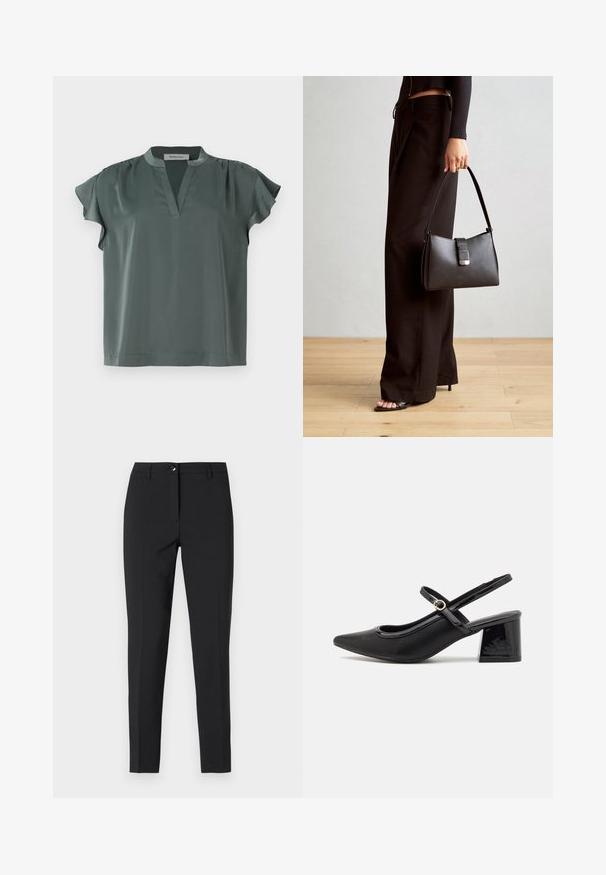 Krátky rukáv, olivovozelená blúzka z hladkej tkaniny s výstrihom do V a skladanými detailmi na pleciach. Pohodlný strih so strmým lemom.; Čierne priliehavé nohavice z hladkej tkaniny s klasickým pásom, predným zipsom a bočnými vreckami s elegantným, prispôsobeným strihom.; Čierne lakované kožené lodičky so slingback dizajnom, špicatou špičkou, zaobleným výrezom a blokovým podpätkom. Obsahuje akcent zlatého tónu s prackou.; Čierna kabelka so štruktúrovaným tvarom, hladkou textúrou a kovovou sponou. V kombinácii so širokými čiernymi nohavicami a sandálmi s otvorenou špičkou na drevenej podlahe.