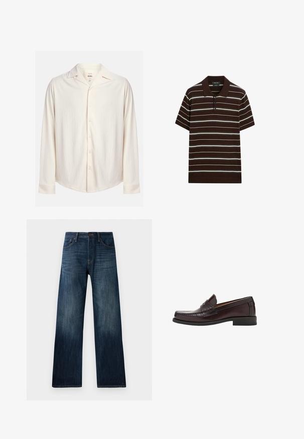 Cremfarbener, langärmliger Button-Up-Hemd mit einem strukturierten Streifenmuster und einem eingeschnittenen Kragen. Verfügt über einen abgerundeten Saum und Knopfakzente.; Braunes Polohemd mit kurzen Ärmeln, weißen und hellgrauen Streifen, einer dreiknöpfigen Blende und einem flachen Kragen. Hergestellt aus weichem Stoff mit einem lässigen Schnitt.; Dunkelblaue Jeans aus Denim mit geradem Bein, ausgestattet mit einer leichten Textur, Gürtelschlaufen und einem klassischen Fünf-Taschen-Stil.; Braune Lederloafer mit runder Zehenform, dekorativen Nähten auf der Vorderseite und einer flachen Gummisohle für Unterstützung und Langlebigkeit.