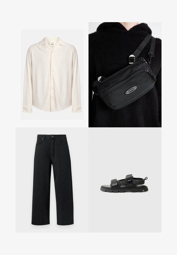 Camicia a maniche lunghe di colore crema con un design a righe testurizzato e colletto a punte. Presenta un orlo arrotondato e dettagli con bottoni.; Pantaloni larghi a righe nere realizzati in cotone con una finitura testurizzata. Presentano tasche anteriori e una chiusura con bottone in vita.; Sandali neri con una tomaia in tessuto testurizzato, fasce larghe, accentuazioni in metallo e una suola spessa in gomma con un motivo a rilievo.; Borsa a tracolla nera in nylon con tracolla regolabile, caratterizzata da una texture liscia, una tasca con zip frontale e un accento con logo.