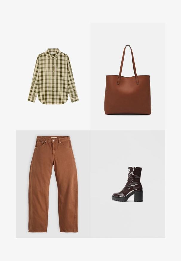 Hemd in Creme mit grün-braunem karierten Muster. Mit klassischem Kragen und langen Ärmeln, sowie einer einzelnen Tasche auf der linken Brust.; Rostbraune gerade geschnittene Jeans mit Vorder- und Hintertaschen, Metallnieten, Knopfverschluss und Gürtelschlaufen, flach auf einem weißen Hintergrund ausgelegt.; Glatte bordeauxrote Ankle Boots mit einem klobigen schwarzen Absatz, die eine glatte Oberfläche und ein einfaches Design aufweisen. Keine sichtbaren Verschlüsse oder Muster.; Braune Leder-Tote mit glatter Textur, offenem Oberteil und zwei Schulterriemen. Verfügt über minimale Nähte und keine sichtbaren Beschläge.