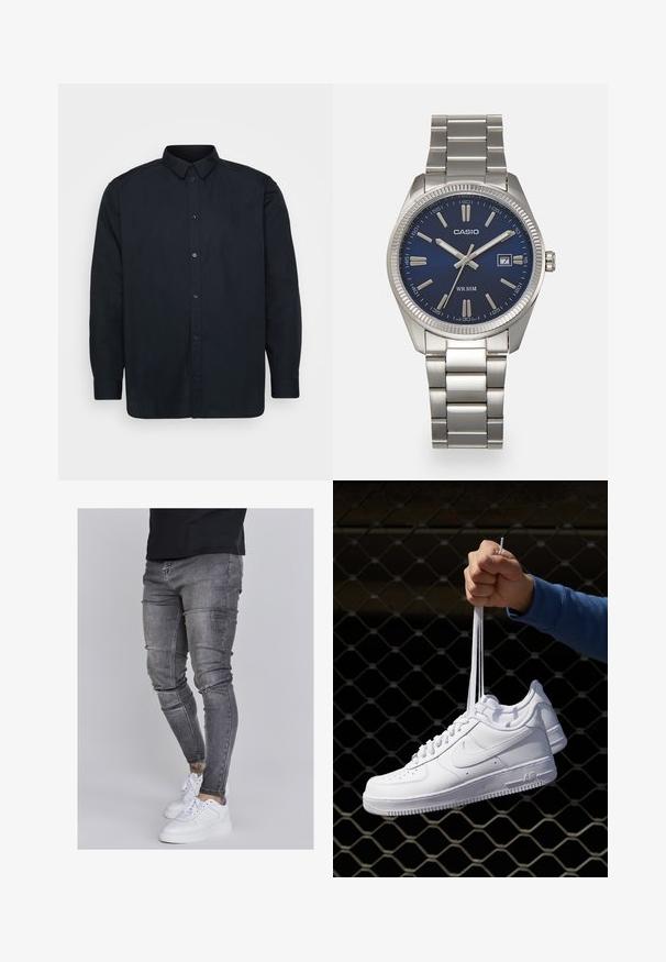 Mustmust vest, mis on valmistatud puuvillast, klassikalise kraega, pikkade varrukatega ja seitsme esitaskuga. Sile tekstuur, ilma silmatorkavate mustriteta.; Kitsad teksad tuhmhall denimil, millel on kulunud detailid põlvedes, koos valgete tossudega. Sile tekstuur, kitsas lõige.; Valged nahast tennisetossud, millel on perforatsioonid, ümar nina, lame tallus ja paksud nöörid, nähtava swooshi logoga ja "AIR" kontsadel.; Hõbedane roostevabast terasest käekell, tumesinise lõpliku, metallsete tuntud numbrite ja kuupäevanäidikuga kell 3 juures. Veekindel kuni 50 meetrit.