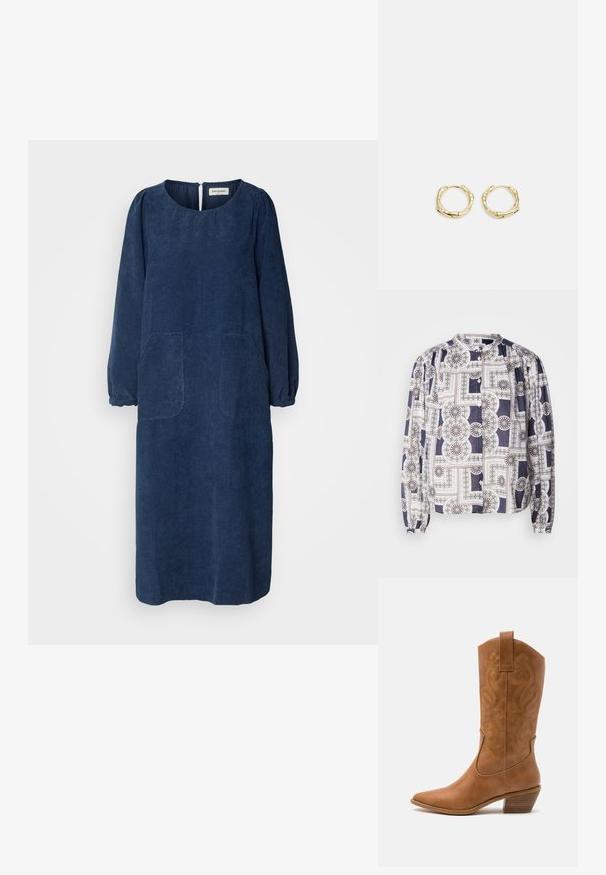 Mønstret bluse med rund halsudskæring, lange puffærmer, knaplukning, med geometriske designs i marineblå, hvid og grøn.; Mørkeblå kordfløyelskjole med lange puffermer, rund halslinning, to frontlommer og en åpning bak med nøkkelhull. Myk, teksturert stoff.; Brune lær cowboy støvel med spiss tå, broderte svirvlende mønstre på skaftet og en stablet blokk hæl. Har en trekksløyfe for enkel påkledning.; Gullige hoop øreringer med en teksturert, uregelmessig form. Har en sømløs lukking og en polert overflatefinish som fremhever et moderne design.