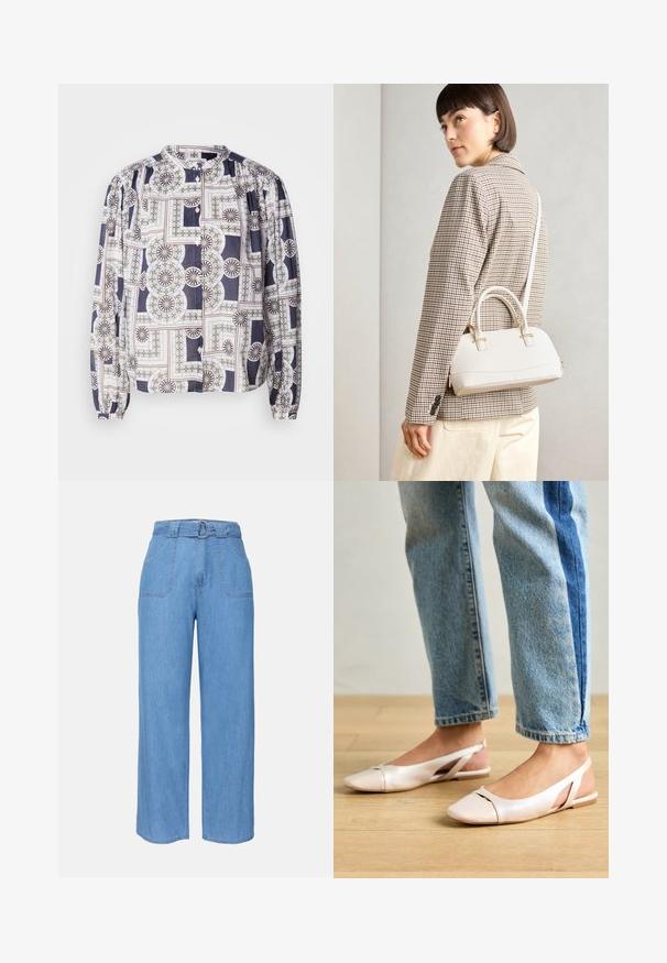 Raštuota bluzonė su apvaliu iškirpimu, ilgomis pūstomis rankovėmis, sagų uždarymu, išsiskirianti geometriniais raštais tamsiai mėlynos, baltos ir žalios spalvų.; Šviesiai mėlynos džinsinio audinio plačios kojinės kelnės su diržu, dviem priekinėmis kišenėmis ir lygiu paviršiumi. Pasižymi minimalistiniu dizainu ir švariomis linijomis.; Šviesiai rožiniai slingback baleto bateliai su smailiu pirštu, pagaminti iš lygios odai panašios medžiagos. Yra išpjovimų detalės šonuose ir plokščias kulnas.; Balta struktūruota rankinė su trumpomis rankenomis ir peties diržu, su auksinėmis detalėmis ir tekstūruota medžiaga, pastatyta prieš pilką foną.; Sidabrinis dvigubas žiedas su lygiu, poliruotu paviršiumi. Pasižymi sklandžiu, kreiptu dizainu su persipinančiomis dalimis, suteikiančiomis modernų išvaizdą.